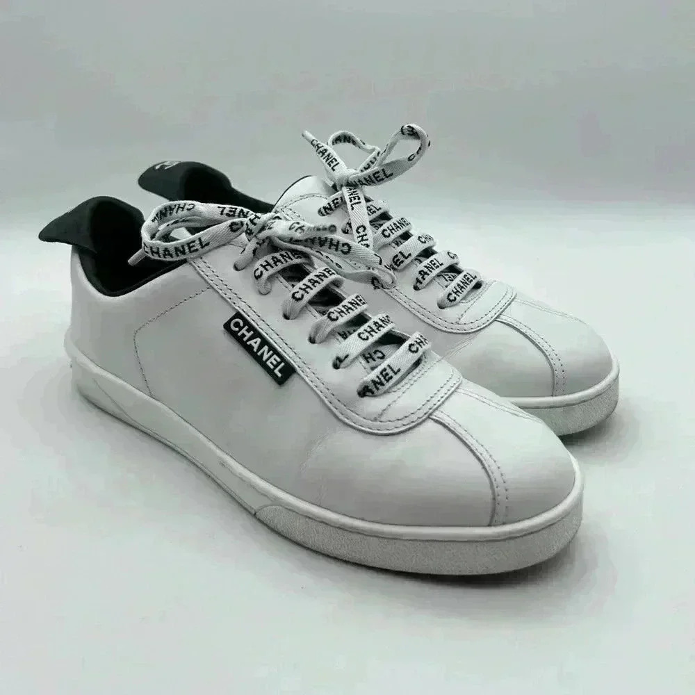 Chanel White Leather Casual Sneakers: Women's Size 36.5 Logo Laces CC